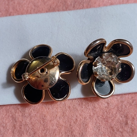 Scatter Pin Set Black Enamel Flower Rhinestone - Picture 7 of 11